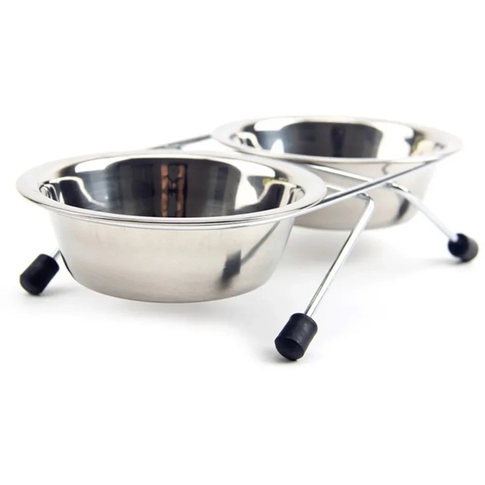 Stainless Steel Double Pet Bowl Set with Durable Iron Stand and Anti-Slip Design for Dogs and Cats