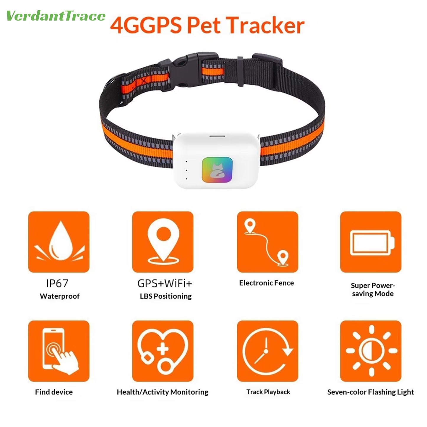 Verdanttrace 4G GPS Pet Tracker Waterproof Dog Cat Anti-Lost Locator Collar Find Device Light Sound Search No Subscription VTG2