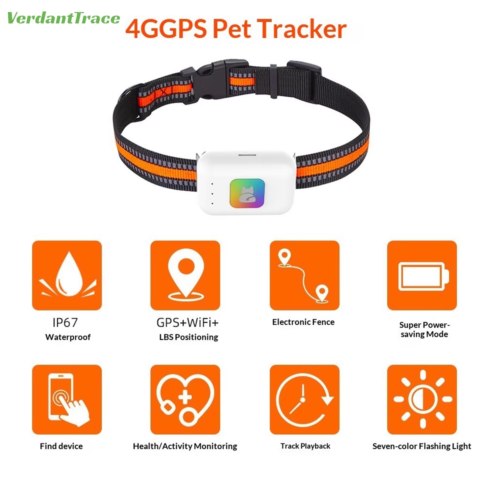 Verdanttrace 4G GPS Pet Tracker Waterproof Dog Cat Anti-Lost Locator Collar Find Device Light Sound Search No Subscription VTG2