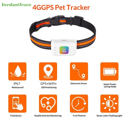 Verdanttrace 4G GPS Pet Tracker Waterproof Dog Cat Anti-Lost Locator Collar Find Device Light Sound Search No Subscription VTG2