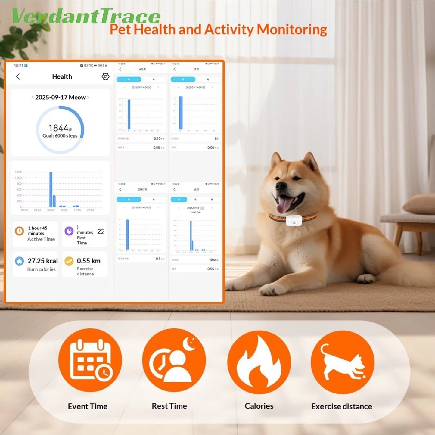 Verdanttrace 4G GPS Pet Tracker Waterproof Dog Cat Anti-Lost Locator Collar Find Device Light Sound Search No Subscription VTG2
