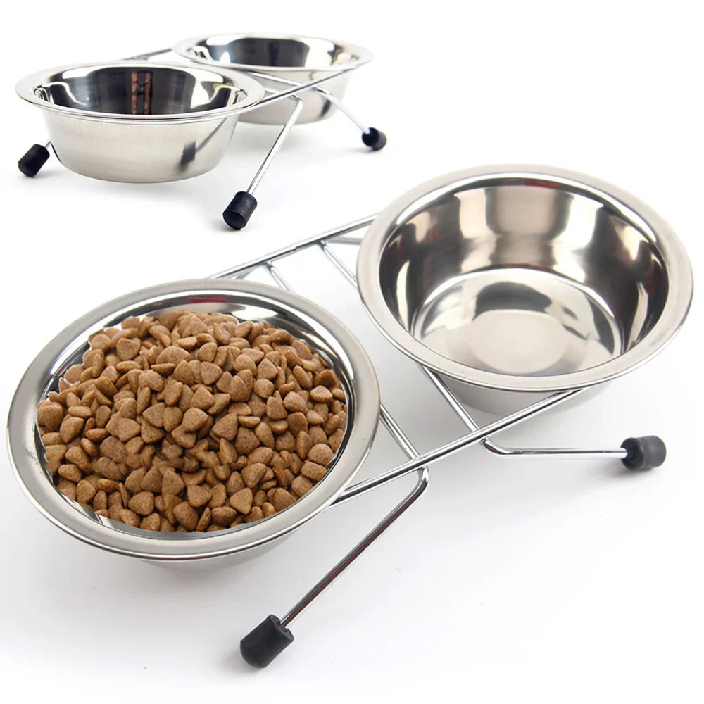 Stainless Steel Double Pet Bowl Set with Durable Iron Stand and Anti-Slip Design for Dogs and Cats