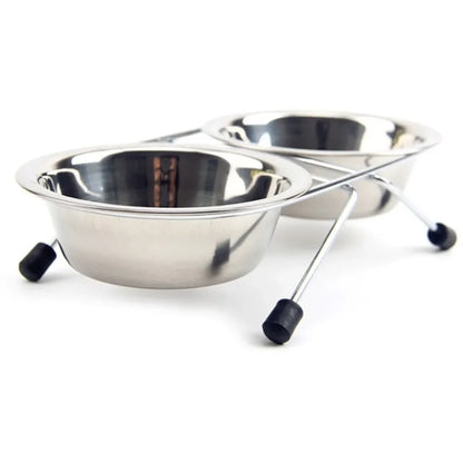 Stainless Steel Double Pet Bowl Set with Durable Iron Stand and Anti-Slip Design for Dogs and Cats