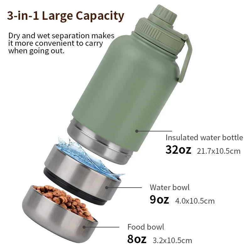 In Stock Free Sample Custom Logo Feeder 3 in 1 Portable Pet Travel 304 Stainless Steel Dog Water Bottle