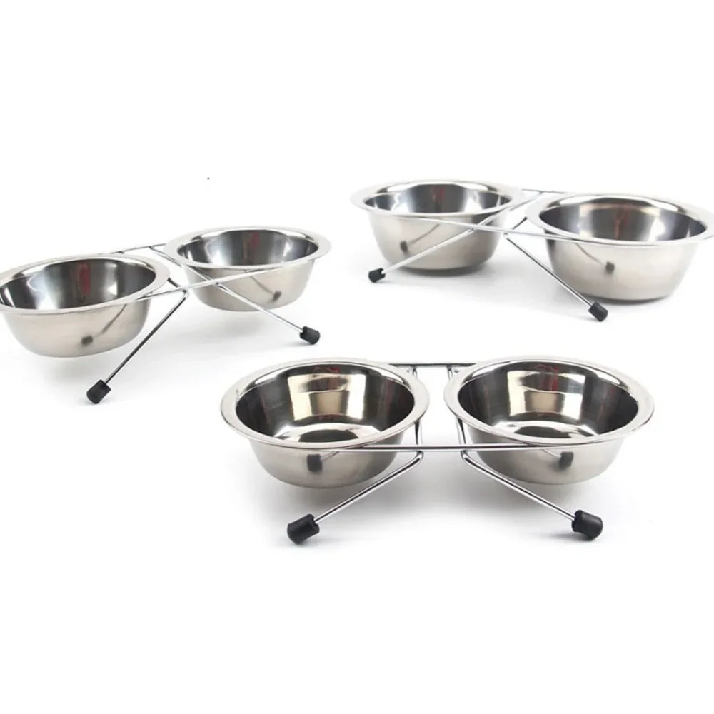 Stainless Steel Double Pet Bowl Set with Durable Iron Stand and Anti-Slip Design for Dogs and Cats