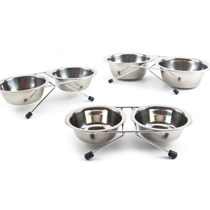 Stainless Steel Double Pet Bowl Set with Durable Iron Stand and Anti-Slip Design for Dogs and Cats