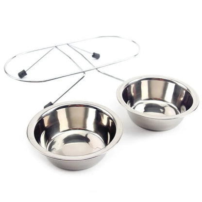Stainless Steel Double Pet Bowl Set with Durable Iron Stand and Anti-Slip Design for Dogs and Cats