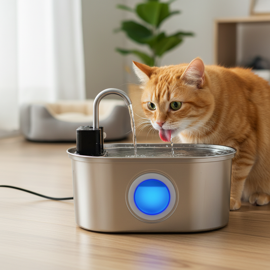 Gato bebiendo de la fuente de agua