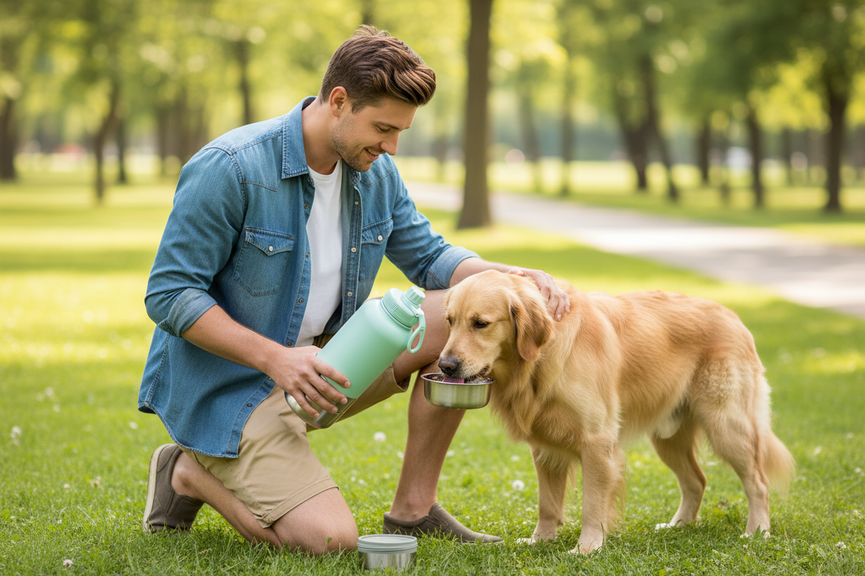 Hombre dando agua a su mascota