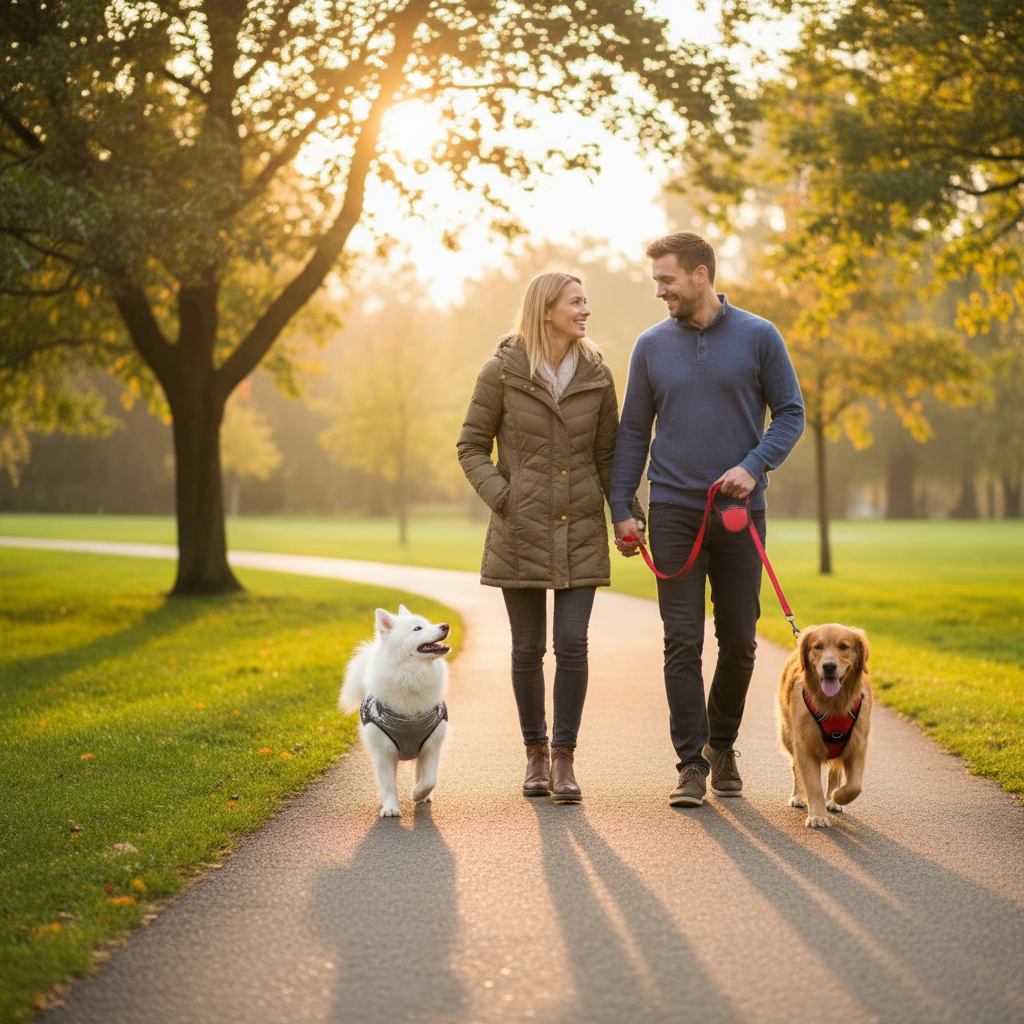Pareja paseando dos perros, solo el hombre con correa