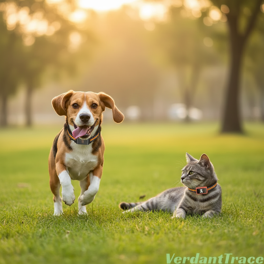 Perro jugando y gato tumbado con collar GPS